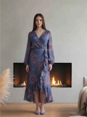 Twelfth Street Sheer Wrap Maxi Dress in Teal and Gray CB880